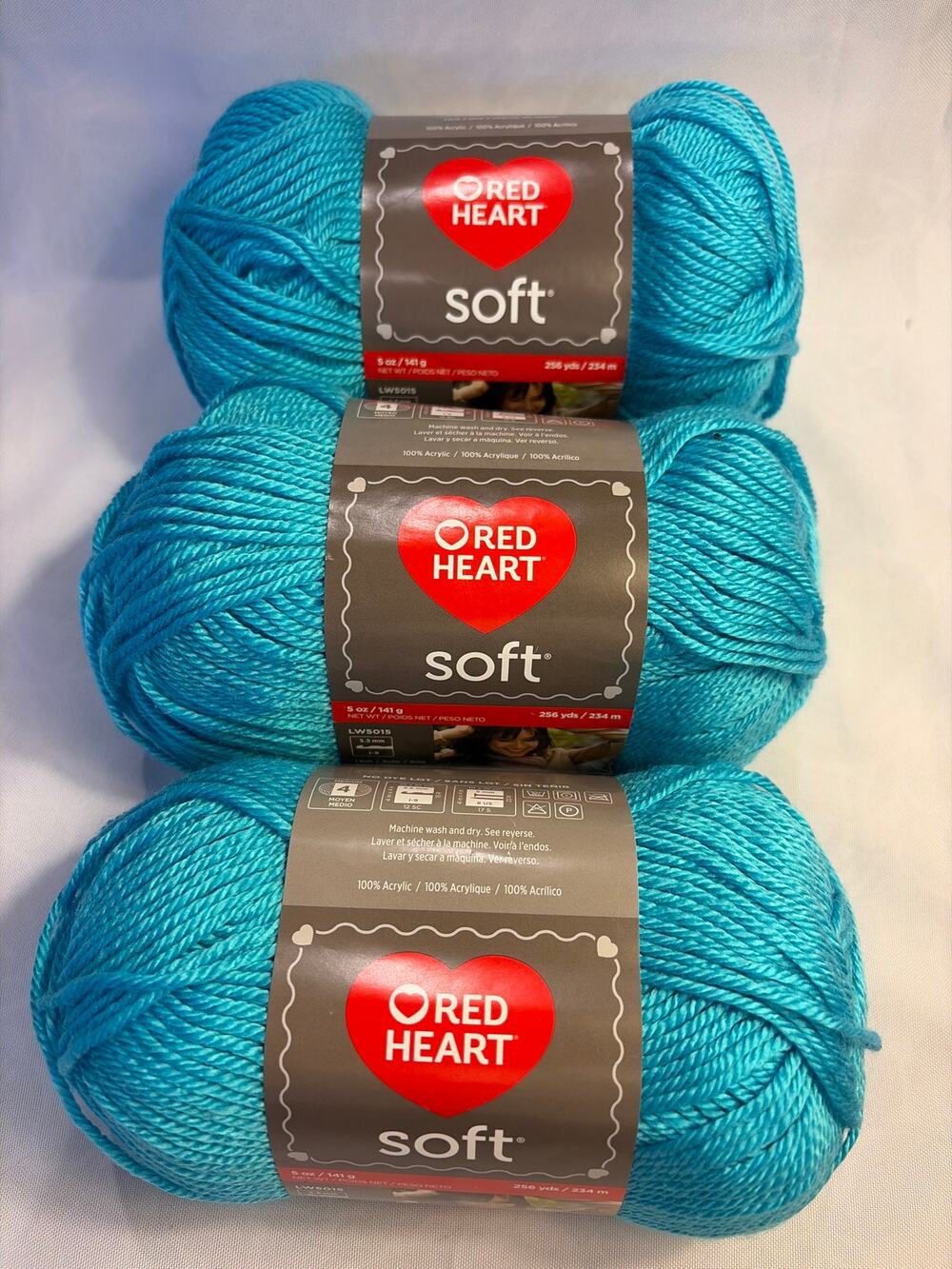 Lot of 3 Red Heart Soft Turquoise Yarn E728 Acrylic Medium No Dye Lot NEW